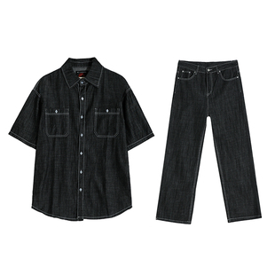 MRCYC夏季牛仔时尚套装男宽松牛仔短袖衬衫韩系潮流直筒牛仔裤子