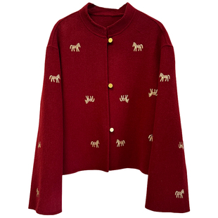 小个子短款红色立领双面绵羊毛外套小马刺绣重工艺2026新今年流行