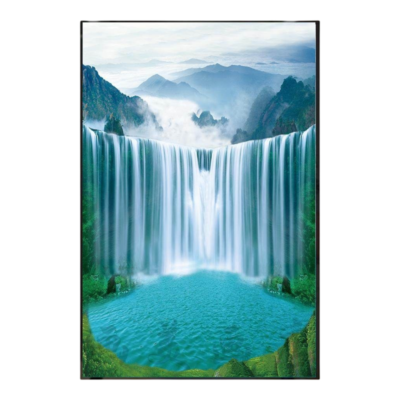 流水生财黄果树瀑布聚宝盆风景画客厅走廊过道玄关装饰晶瓷框挂画