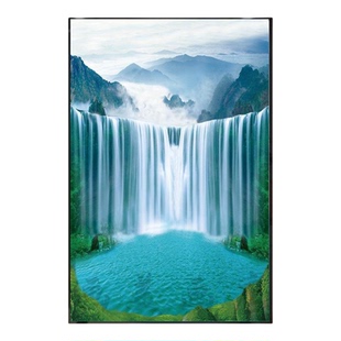 流水生财黄果树瀑布聚宝盆风景画客厅走廊过道玄关装饰晶瓷框挂画