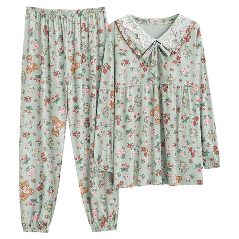 女针织棉加大码V领花边家居服