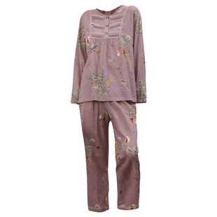 曼诺曼蒂克睡衣女简约大气印花休闲圆领长袖宽松开衫家居服可外穿