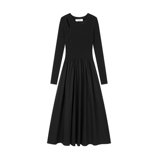 XinmonLee赫本风黑色连衣裙子女春秋冬高级感打底针织长裙冷淡风