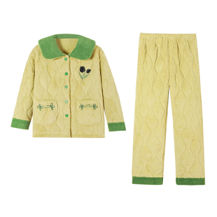 可人儿睡衣女冬季三层夹棉韩版加厚加绒保暖珊瑚绒棉袄家居服套装