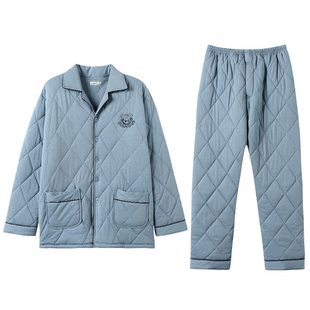 达尔丽加厚夹棉睡衣男冬季纯棉三层空气棉长袖保暖家居服秋冬套装