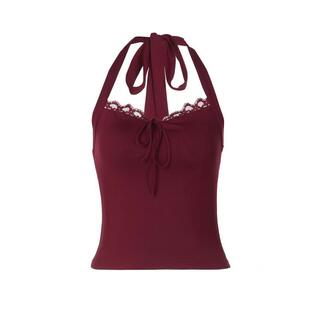 shemoda 欧美风性感蕾丝拼接结系带挂脖背心女高腰修身辣妹短上衣