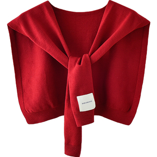 韩系新款春秋红色针织披肩女外搭气质小坎肩配裙子空调房搭肩