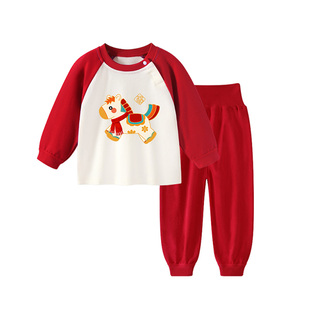 儿童红色内衣套装男童马年保暖纯棉秋衣秋裤女宝宝新年喜庆家居服