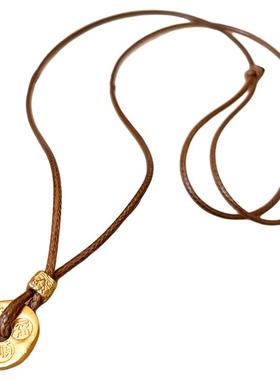 沙金刻字钱币吊坠长项链高级感