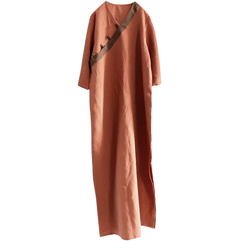 复古v领盘扣纯色连衣裙禅意茶服