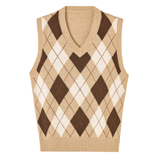 【含羊毛 亲肤保暖】CULTUM针织V领背心男复古菱形格百搭秋冬马甲