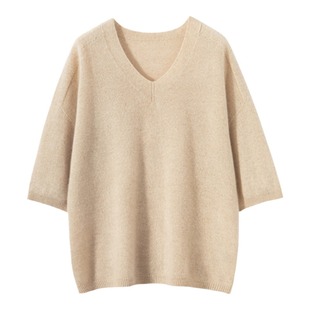25秋冬新款100纯山羊绒衫女一线成衣V领短袖宽松百搭针织打底T恤