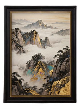 千里江山图纯手绘油画大气客厅装饰画金箔玄关过道挂画中古风壁画