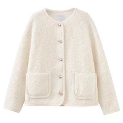 水云间白色毛茸茸外套女小香风绵羊毛混纺绒感呢子上衣2026春新款