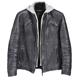 狂飙张译同款男装水染绵羊皮休闲机车可脱卸帽修身短款真皮皮衣