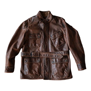 靛海 英伦复古真皮M65猎装夹克多口袋头层牛皮翻领中长款皮衣外套