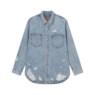 【商场同款】Levi's李维斯男士宽松翻领破洞磨毛牛仔衬衫0017E