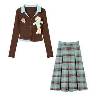 织物猪 小熊私塾 甜美学院风套装女秋假两件上衣格纹半身裙两件套