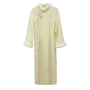 【自制款】天丝羊毛提花鹅黄色新中式改良版少女旗袍大码胖mm