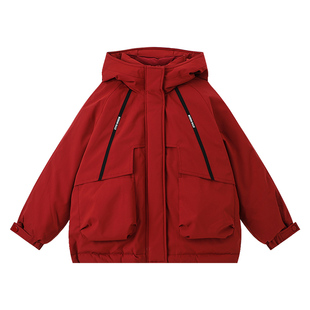 布丁哈鲁冬装女童保暖2025新款儿童红色羽绒鹅绒服新年冲锋外套厚