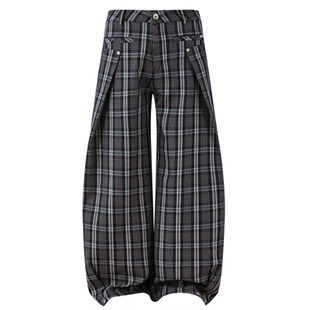 PASET复古格纹休闲裤男女小众设计感折叠宽松显瘦阔腿牛仔长裤子