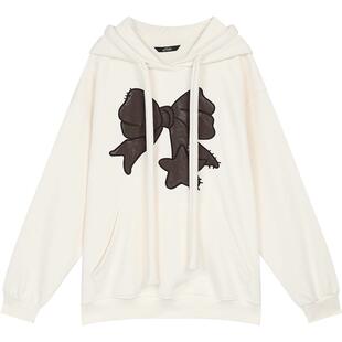 妖精的口袋白色蝴蝶结连帽加绒卫衣女2026春新款小个子慵懒风上衣