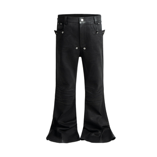 ro刷蜡褶皱微喇牛仔裤男美式高街铆钉视觉系黑色直筒设计感裤子亚