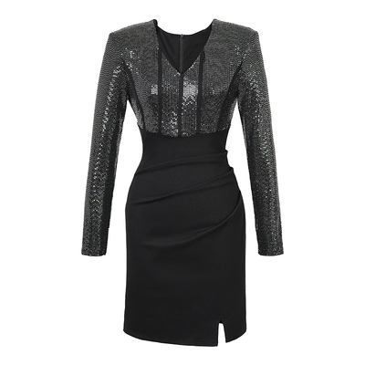 金色V领亮片包臀短款连衣裙