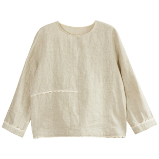 GESGOO原创设计雨露麻舒爽透气早秋圆领长袖衬衫亚麻上衣文艺女装