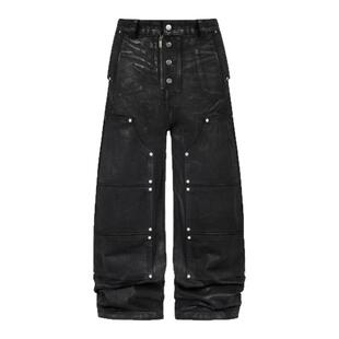 ANTIDOTE牛仔帆布做旧刷蜡排扣双膝休闲工装裤铆钉拼接弯刀阔腿裤