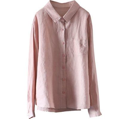 春纯色亚麻小翻领长袖衬衫开衫女