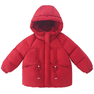 米米哈罗女童90白鸭绒羽绒服冬2025新款儿童加厚保暖连帽短款外套