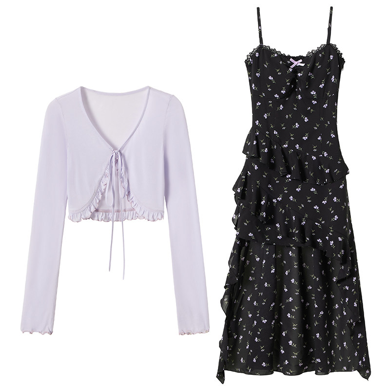 织物猪 紫雾甜心 紫色开衫碎花吊带连衣裙女夏季不规则拖尾中长裙