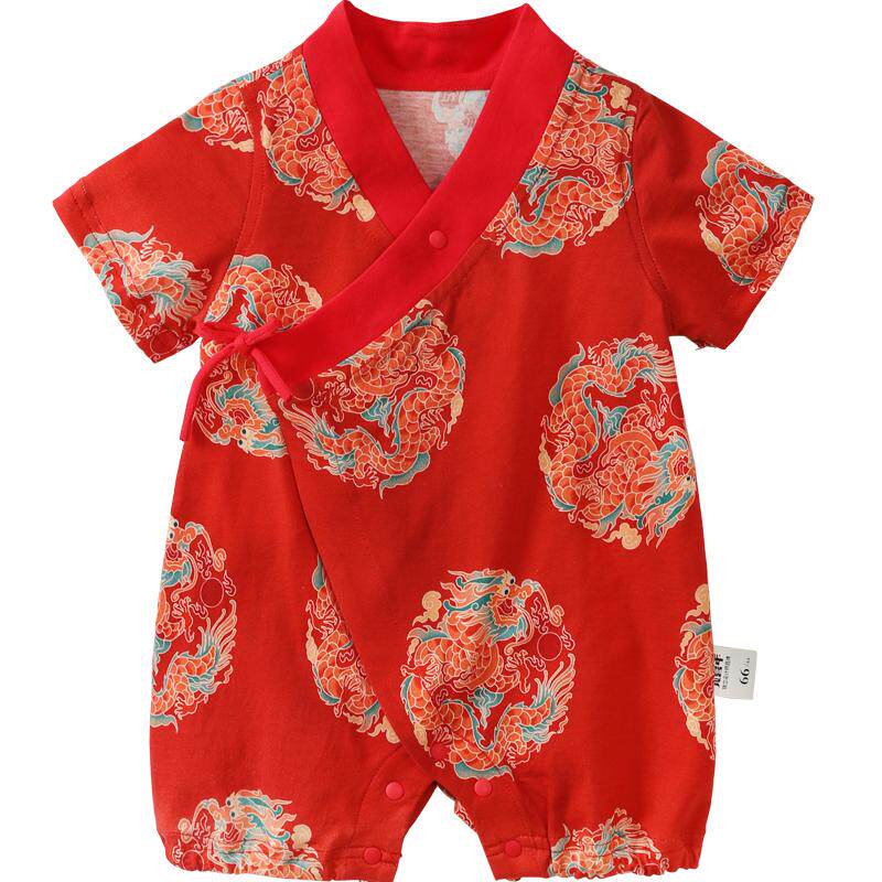 龙喜年婴儿衣服周岁礼服男宝满月服百天百日宴红色连体衣夏季薄款
