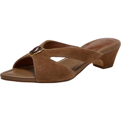 真美诗红茶沙龙羊皮镂空尖头拖鞋