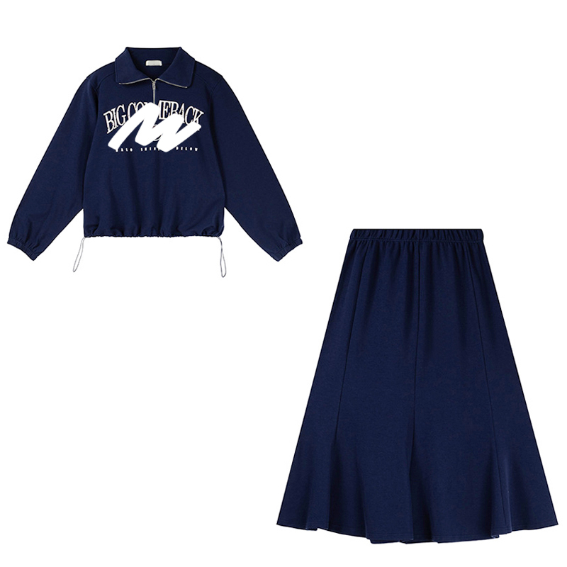 运动休闲风立领印花抽绳卫衣胖莹莹大码女装秋显瘦鱼尾半身裙套装