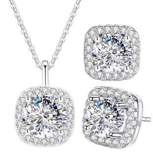 999纯银方糖小银项链耳钉首饰套装女款女莫桑石莫桑钻钻吊坠女士