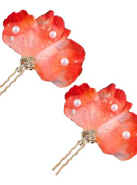 古风绢纱红色花瓣小发钗