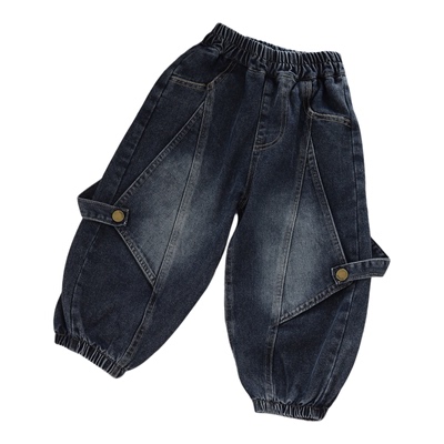 水洗做旧拼接牛仔裤束脚阔腿裤潮