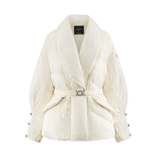 艾莱依鹅绒羽绒服女新款重工提花加厚保暖翻领西装领收腰时尚外套