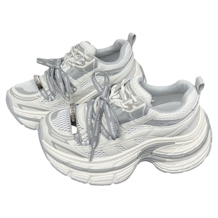 真皮显脚小厚底老爹鞋女2026夏季新款网面透气百搭增高休闲运动鞋