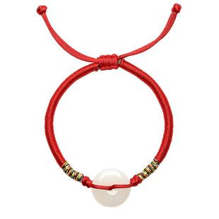 周六福和田玉手绳平安扣手链红绳白玉母子款手串编织绳新年礼物