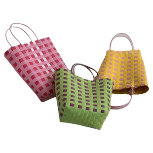 thefifthmoon可爱彩色清新格子塑料编织篮手提菜篮子包休闲草编包