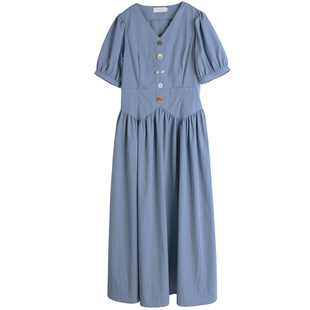 胖莹莹大码女装法式复古简约V领帝政风收腰高级感薄款显瘦连衣裙