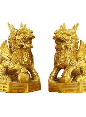 铜麒麟摆件一对纯铜家用装饰