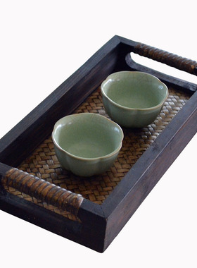 泰国手工竹编茶室实木蛋糕托盘