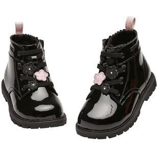 戴维贝拉儿童皮靴女童黑色短靴2025冬季新款加绒大童冬季防滑童鞋