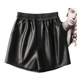 2025春秋 口袋a字阔腿裤韩版松紧腰高腰休闲绵羊皮短裤真皮皮裤女