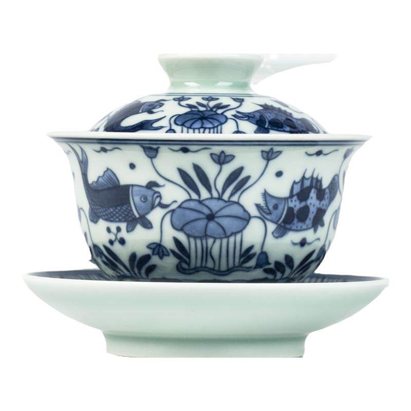 三勤堂陶瓷鱼藻青花手工盖碗高档