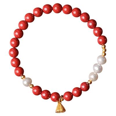 大辰珠宝朱砂帝王砂手串s925古法银镀金莲蓬淡水珍珠手链女中国风